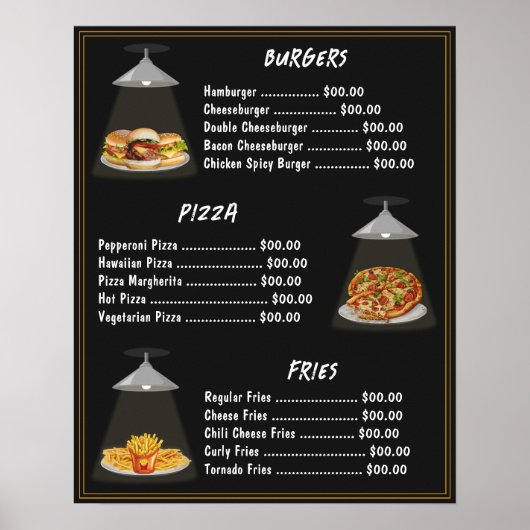 Fast Food Burgers | Pizza | Fries Menu List Black Poster (Vorne)