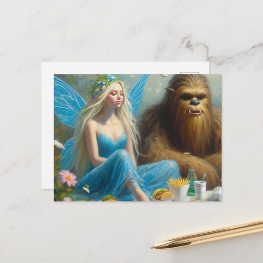 Fast Food Picnic mit Sasquatch und der Fee Postkarte (Vorderseite/Rückseite Beispiel)