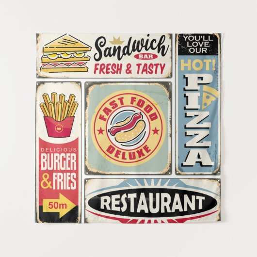 Fast food restaurants and diners retro signs colle wandteppich (Vorderseite)