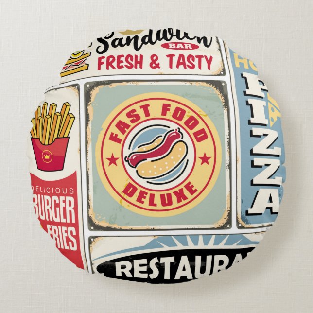 Fast Food Restaurants und Dinner Retro Schilder Co Rundes Kissen (Vorderseite)