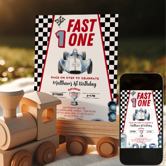 Fast One 1. Geburtstag Junge Rennwagen Einladung