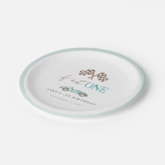 Fast ONE Baby Blue Retro Rennwagen Teller (Schrägansicht)