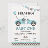 Fast One Birthday Party Blue Race Car 1. Geburtsta Einladung (Vorderseite)