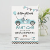 Fast One Birthday Party Blue Race Car 1. Geburtsta Einladung (Stehend Vorderseite)
