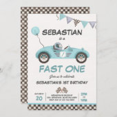 Fast One Birthday Party Blue Race Car 1. Geburtsta Einladung (Vorne/Hinten)