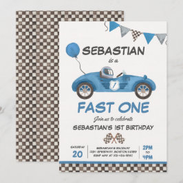 Fast One Birthday Party Blue Race Car 1. Geburtsta Einladung