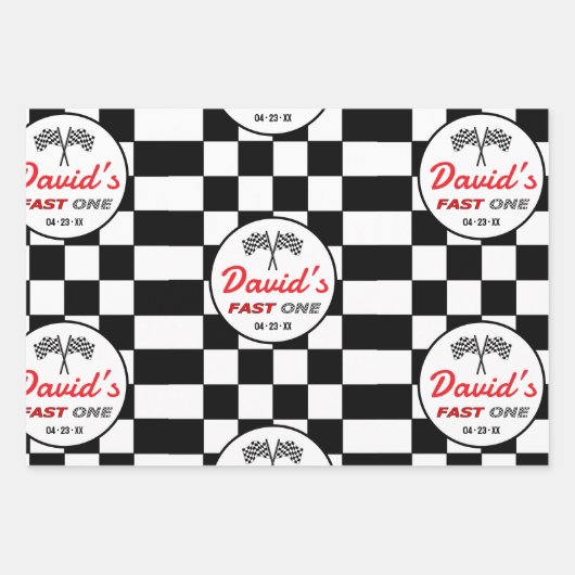Fast ONE | Black White Race Car Flags Birthday Geschenkpapier Set (Vorderseite)