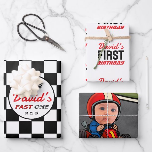 Fast ONE | Black White Race Car Flags Birthday Geschenkpapier Set (Vorderseite)