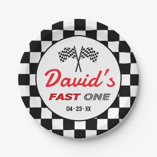 Fast ONE | Black White Race Car Flags Birthday  Pappteller (Vorderseite)