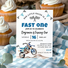 Fast One Blue Dirt Bike Birthday Party Invitation Einladung