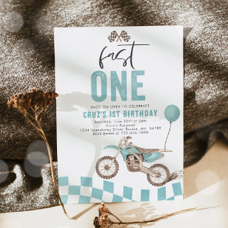 Fast One Blue Dirt Bike Boy 1. Geburtstag Party Einladung