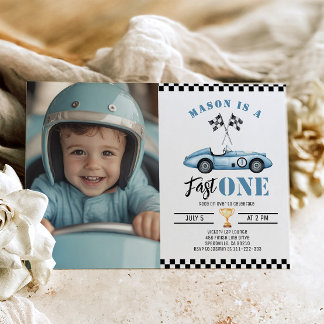 Fast One Blue Foto Race Car Junge 1. Geburtstag Einladung