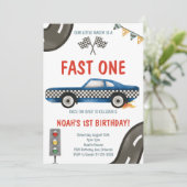 Fast One Blue Race Car 1. Geburtstag Einladung (Stehend Vorderseite)