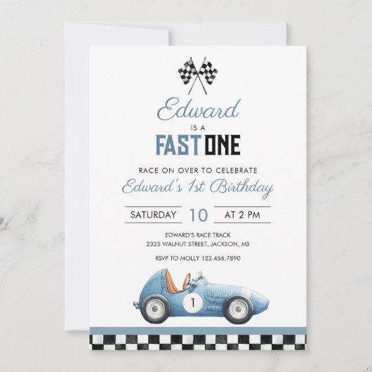 Fast One Blue Race Car 1st Birthday Einladung (Vorderseite)