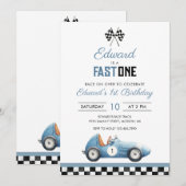Fast One Blue Race Car 1st Birthday Einladung (Vorne/Hinten)