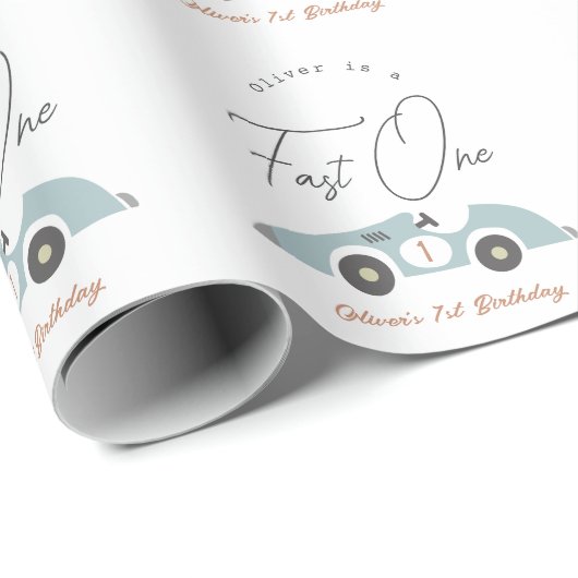 Fast One Blue Race Car Boy 1. Geburtstag Geschenkpapier (Rolleneckpunkt)