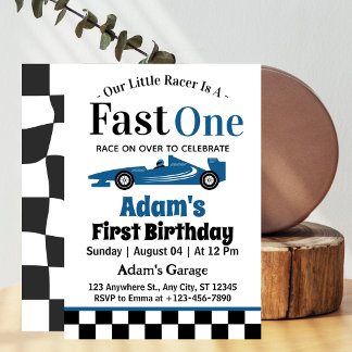 Fast One Blue Race Car Boy 1. Geburtstag Party Einladung