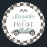 Fast One Blue Race Car Geburtstag Runder Aufkleber<br><div class="desc">Fast One Race Car 1. Geburtstag Aufkleber mit blauem Vintagen Rennwagen.</div>