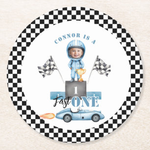 Fast One Blue Rennwagen 1 Foto Geburtstag Runder Pappuntersetzer