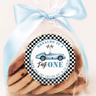 Fast One Blue Rennwagen Boy Birthday Vielen Dank Runder Aufkleber