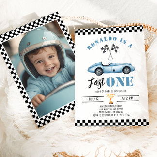 Fast One Blue Rennwagen Junge 1. Geburtstag Foto Einladung