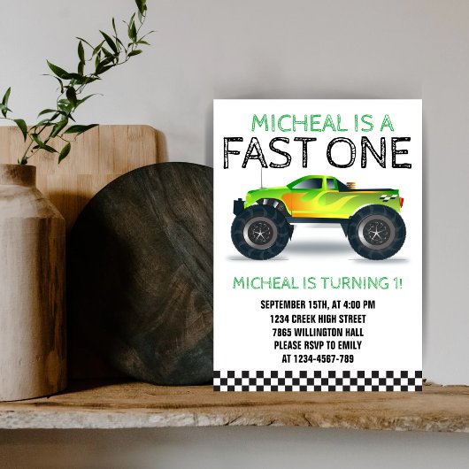 Fast One Green Monster Truck Erster Geburtstag Einladung