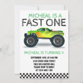 Fast One Green Monster Truck Erster Geburtstag Einladung (Vorderseite)