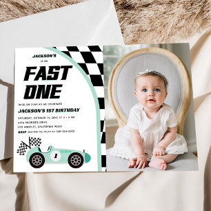 Fast One Green Race Car Geburtstagsparty Einladung