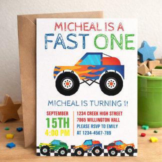 Fast One Monster Truck Erster Geburtstag Einladung