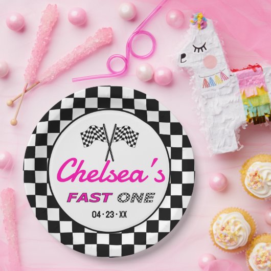 Fast ONE | Pink Custom Black White Race Car Flags Pappteller (Party)