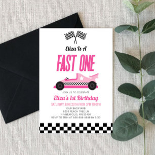 Fast One Pink Flame Race Car 1. Geburtstag Party Einladung