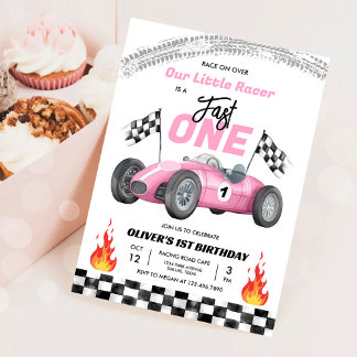 Fast One Pink Race Car 1. Geburtstag Racing Girl Einladung