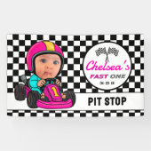 Fast ONE | Pink Race Car Driver Pit Stop Birthday Banner (Horizontal)