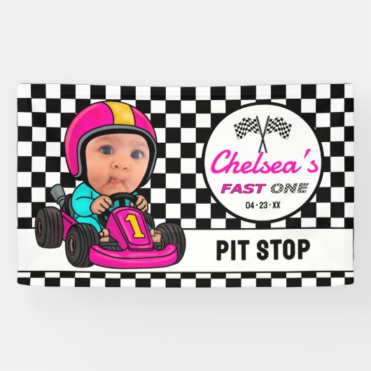 Fast ONE | Pink Race Car Driver Pit Stop Birthday Banner (Horizontal)