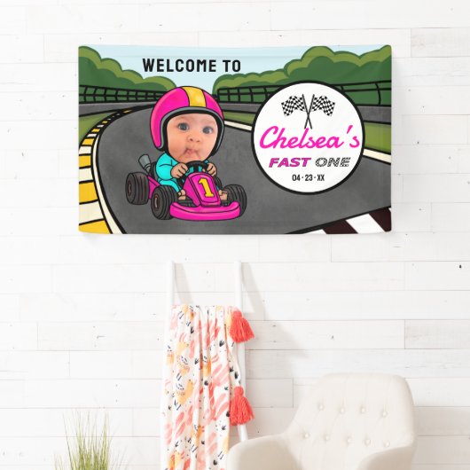 Fast ONE | Pink Race Car Driver Welcome Birthday Banner (Insitu)