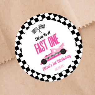 Fast One Pink Race Car Erster 1. Geburtstag Party Runder Aufkleber