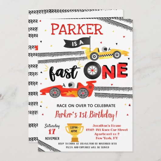 Fast One Race Car 1. Geburtstag Party Einladung (Vorne/Hinten)