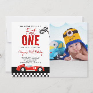 Fast One Race Car Boy Foto 1. Geburtstag Party Einladung