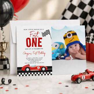 Fast One Race Car Boy Foto 1. Geburtstag Party Einladung