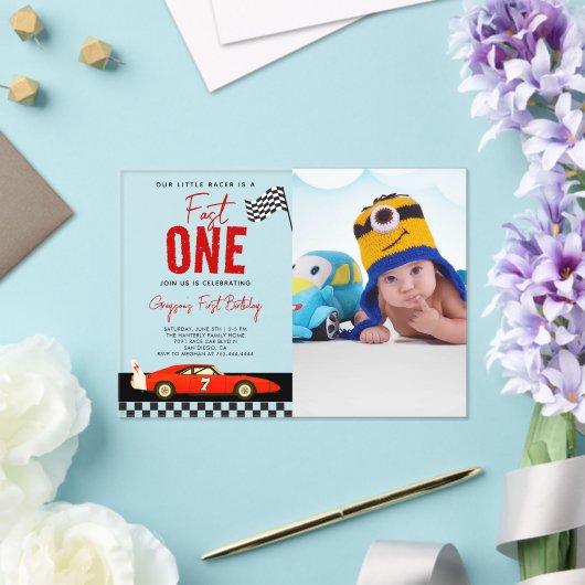 Fast One Race Car Boy Photo 1st Birthday Party Acryleinladungen (In Situ (Hochzeit))
