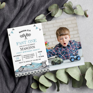 Fast One Race Car Foto Geburtstag Einladung