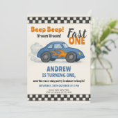 Fast One Race Car Geburtstagsparty Einladung (Stehend Vorderseite)