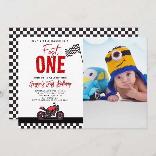 Fast One Race Motorcycle Photo 1st Birthday Party Einladung (Vorne/Hinten)