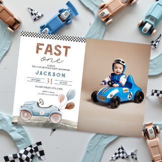 Fast One Racing Car Blue Boy 1. Foto Geburtstag Einladung