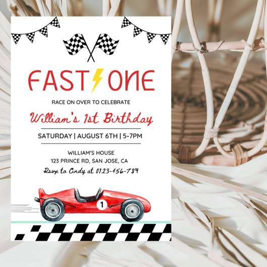 Fast One Racing Car Boy 1st Birthday Party Einladung
