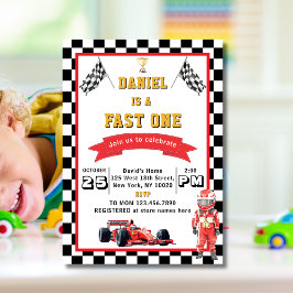 Fast One Racing Theme Checkered Flag Birthday Einladung