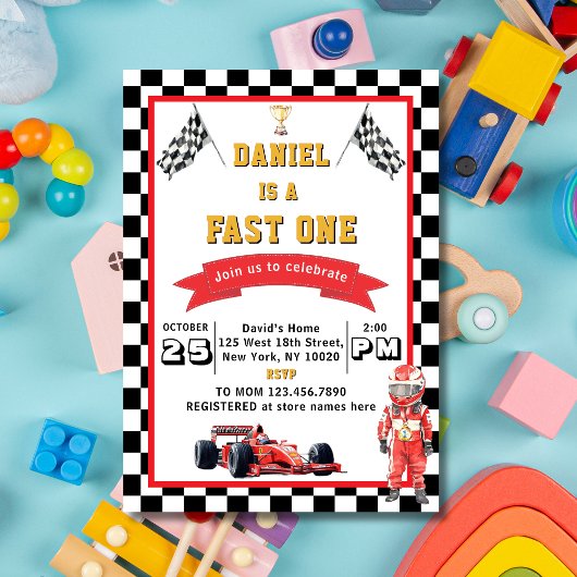 Fast One Racing Theme Checkered Flag Birthday Einladung
