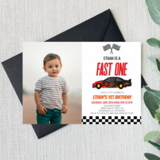 Fast One Red Flame Race Car 1. Geburtstag Party Einladung
