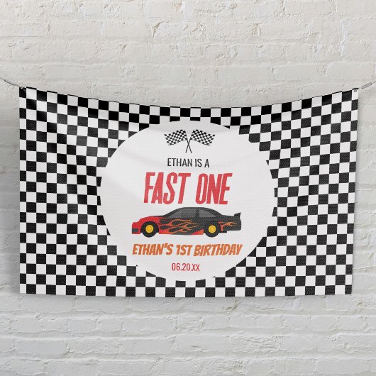 Fast One Red Flame Race Car 1st Birthday Party Banner