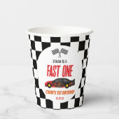 Fast One Red Flame Race Car 1st Birthday Party Pappbecher (Rückseite)